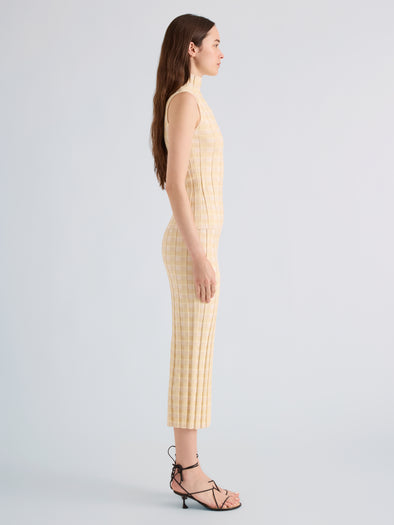Proenza Schouler Side full length image of model wearing Lucy Top in Check Knit in Lemon Multi