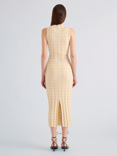 Proenza Schouler Back full length image of model wearing Lucy Top in Check Knit in Lemon Multi