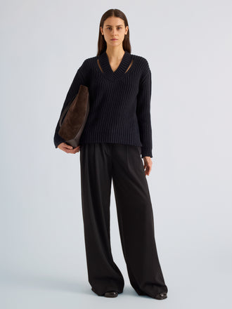 Proenza Schouler Front full length image of model wearing Lily Sweater in Merino Wool in Navy