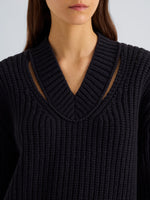 Proenza Schouler Detail image of model wearing Lily Sweater in Merino Wool in Navy
