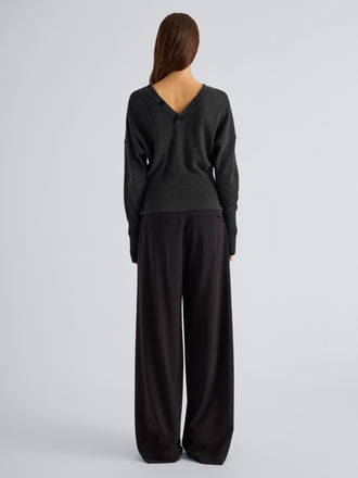 Proenza Schouler Back full length image of model wearing Lila Top in Wool Jersey Knit in Charcoal
