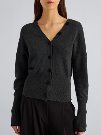 Proenza Schouler Detail image of model wearing Lila Top in Wool Jersey Knit in Charcoal
