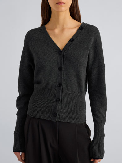 Proenza Schouler Detail image of model wearing Lila Top in Wool Jersey Knit in Charcoal