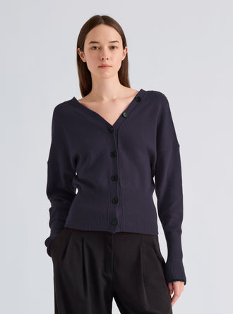 Proenza Schouler Front cropped image of model wearing Lila Top in Wool Jersey Knit in Navy