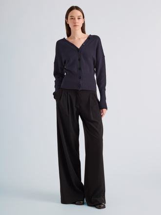Proenza Schouler Front full length image of model wearing Lila Top in Wool Jersey Knit in Navy