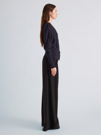 Proenza Schouler Side full length image of model wearing Lila Top in Wool Jersey Knit in Navy