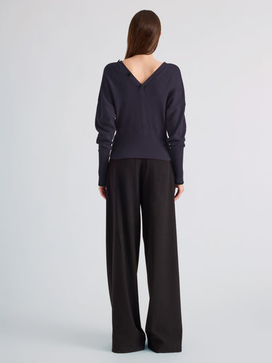 Proenza Schouler Back full length image of model wearing Lila Top in Wool Jersey Knit in Navy
