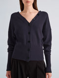 Proenza Schouler Detail image of model wearing Lila Top in Wool Jersey Knit in Navy