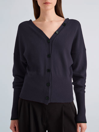 Proenza Schouler Detail image of model wearing Lila Top in Wool Jersey Knit in Navy