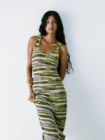 Proenza Schouler Editorial image of model wearing Zinah Knit Dress in Linen Dry Rib in Apple Multi