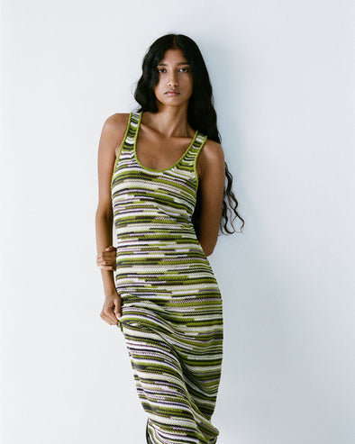 Proenza Schouler Editorial image of model wearing Zinah Knit Dress in Linen Dry Rib in Apple Multi