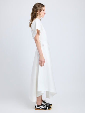 Proenza Schouler side image of model wearing Walker Dress in Eco Poplin in white