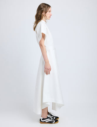 Proenza Schouler side image of model wearing Walker Dress in Eco Poplin in white