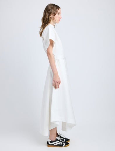 Proenza Schouler side image of model wearing Walker Dress in Eco Poplin in white