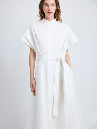 Proenza Schouler detail image of model wearing Walker Dress in Eco Poplin in white