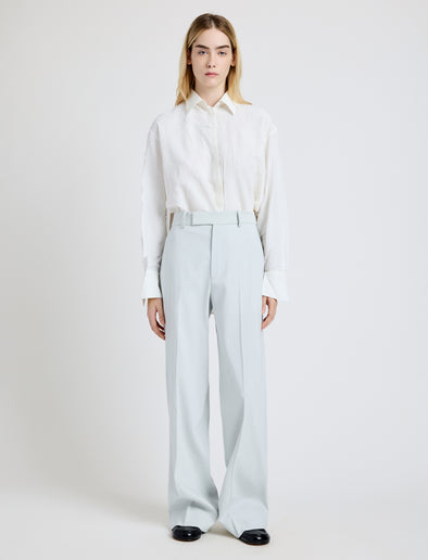 Proenza Schouler Front full length image of model wearing the Weyes Pant in Cotton Viscose Suiting in Pale Grey