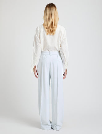 Proenza Schouler Back full length image of model wearing the Weyes Pant in Cotton Viscose Suiting in Pale Grey 