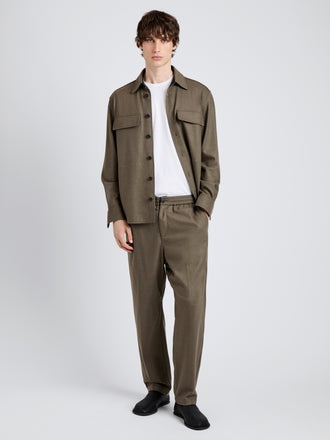 Proenza Schouler Front full length image of model wearing Willem Pant in Jersey Flannel in Taupe