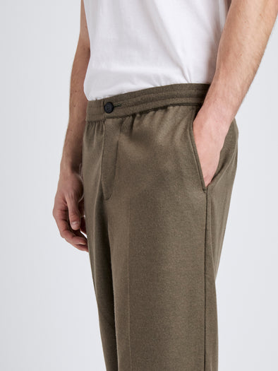 Proenza Schouler Detail image of model wearing Willem Pant in Jersey Flannel in Taupe