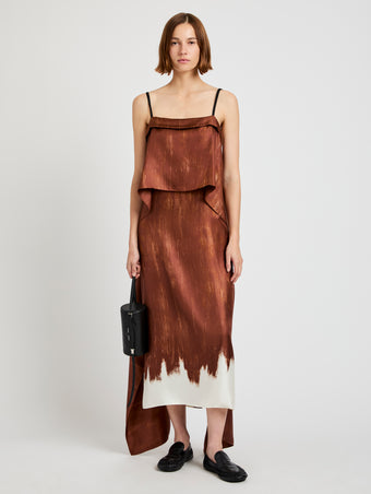 Proenza Schouler front image of model wearing Wilma Dress in Double Printed Silk Twill in sienna multi