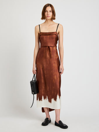 Proenza Schouler front image of model wearing Wilma Dress in Double Printed Silk Twill in sienna multi with waist tied