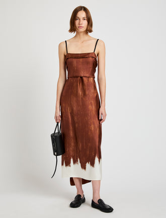Proenza Schouler front image of model wearing Wilma Dress in Double Printed Silk Twill in sienna multi with waist tied