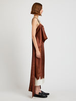 Proenza Schouler side image of model wearing Wilma Dress in Double Printed Silk Twill in sienna multi