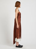 Proenza Schouler side image of model wearing Wilma Dress in Double Printed Silk Twill in sienna multi with waist tied
