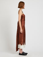 Proenza Schouler side image of model wearing Wilma Dress in Double Printed Silk Twill in sienna multi with waist tied