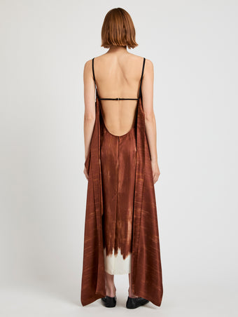 Proenza Schouler back image of model wearing Wilma Dress in Double Printed Silk Twill in sienna multi