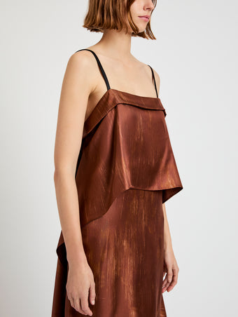 Proenza Schouler detail image of model wearing Wilma Dress in Double Printed Silk Twill in sienna multi