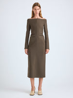 Proenza Schouler Front Full Length On Model image of  Yara Dress In Bi-Stretch Suiting in Earth