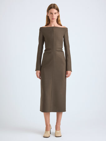 Proenza Schouler Front Full Length On Model image of  Yara Dress In Bi-Stretch Suiting in Earth