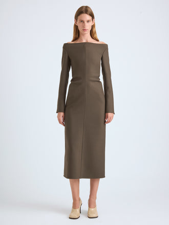 Proenza Schouler Front Full Length On Model image of  Yara Dress In Bi-Stretch Suiting in Earth
