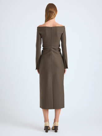 Proenza Schouler Back Full Length On Model image of  Yara Dress In Bi-Stretch Suiting in Earth