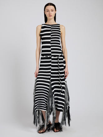 Proenza Schouler front image of model wearing Yves Dress in Stripe Fringed Knit in black/white