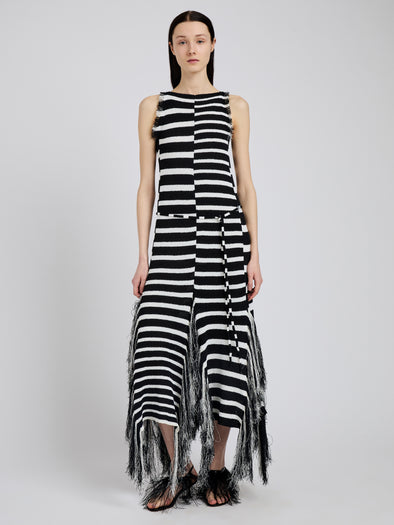 Proenza Schouler front image of model wearing Yves Dress in Stripe Fringed Knit in black/white