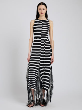 Proenza Schouler front image of model wearing Yves Dress in Stripe Fringed Knit in black/white
