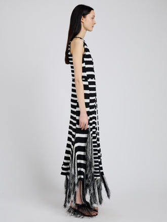 Proenza Schouler side image of model wearing Yves Dress in Stripe Fringed Knit in black/white