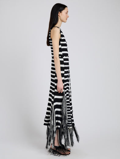 Proenza Schouler side image of model wearing Yves Dress in Stripe Fringed Knit in black/white