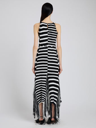 Proenza Schouler back image of model wearing Yves Dress in Stripe Fringed Knit in black/white