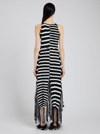 Proenza Schouler back image of model wearing Yves Dress in Stripe Fringed Knit in black/white