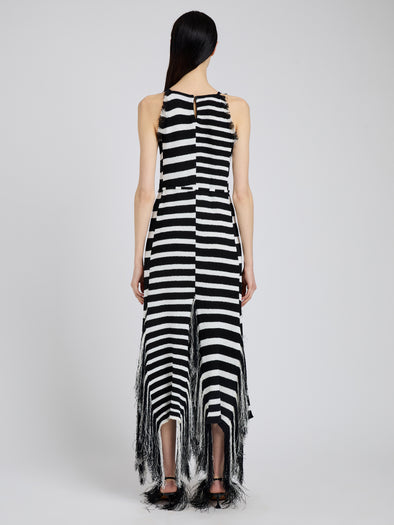 Proenza Schouler back image of model wearing Yves Dress in Stripe Fringed Knit in black/white