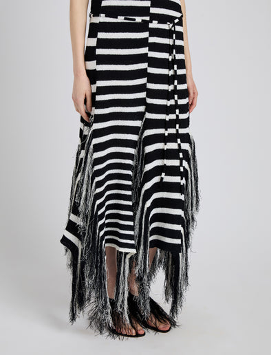 Proenza Schouler detail image of model wearing Yves Dress in Stripe Fringed Knit in black/white