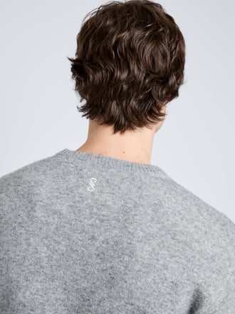Proenza Schouler Detail image of model wearing Zach Sweater in Double Face in Heather Gray