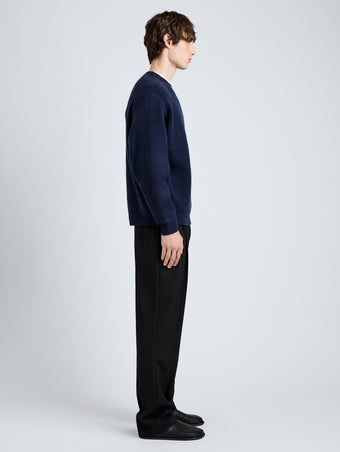Proenza Schouler Side full length image of model wearing Zach Sweater in Double Face in Navy