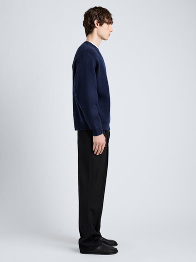 Proenza Schouler Side full length image of model wearing Zach Sweater in Double Face in Navy