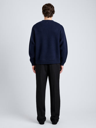 Proenza Schouler Back full length image of model wearing Zach Sweater in Double Face in Navy