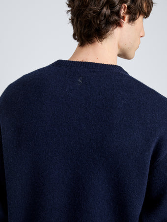 Proenza Schouler Detail image of model wearing Zach Sweater in Double Face in Navy