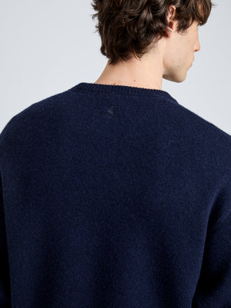 Proenza Schouler Detail image of model wearing Zach Sweater in Double Face in Navy